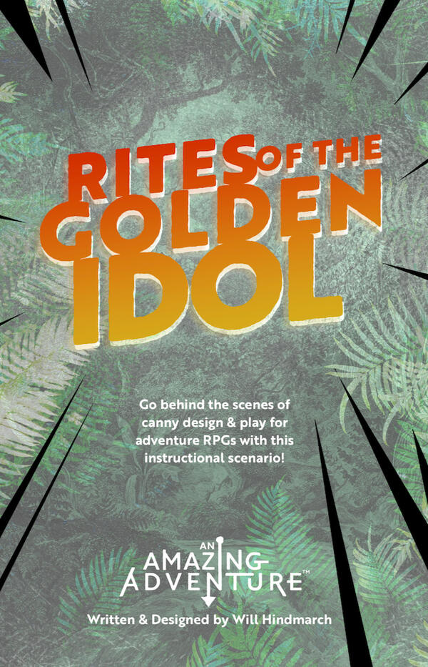 An image of green foliage emblazoned with red-and-golden words reading RITES OF THE GOLDEN IDOL